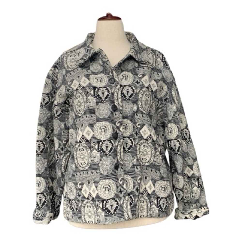 VTG Chico's Cream Black Tapestry Patterned 90's Jacket Geometric Cotton Size 3